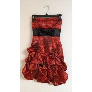 Women's Ruby Rox Red & Black Strapless Bubble Hem Dress W/Pick-Ups Bow Front 1